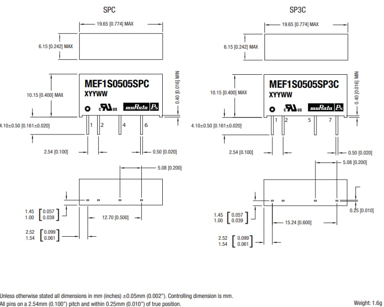 机械图纸 - Murata Power Solutions MEF1系列隔离型1W稳压单输出DC/DC转换器